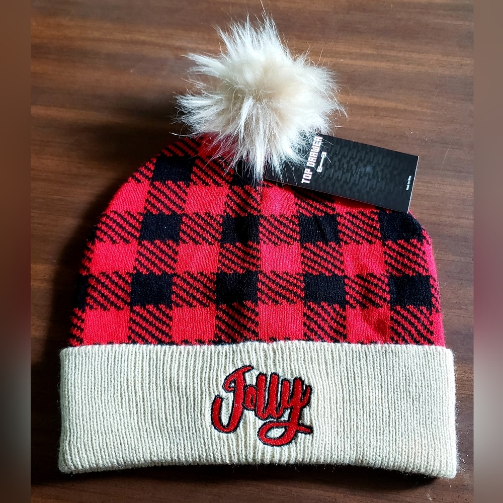Top Drawer "JOLLY" Buffalo (Red/Black) Plaid Knit Beanie with Faux Fur Pom-Pom